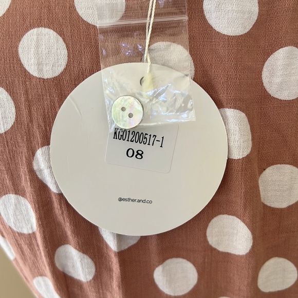 NWT! ESTHER Size 8 dusky rose polka dot front button puff sleeve linen dress - Picture 4 of 9